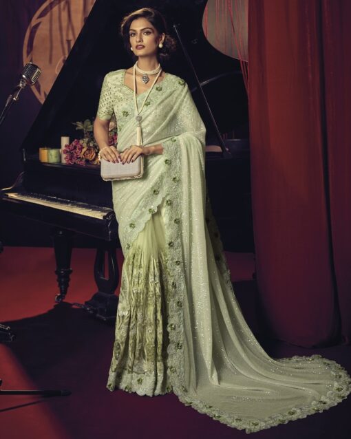 Light Green Digital Net Bridal Saree
