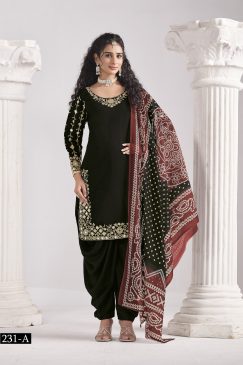 black Color Patiala Dress in Roman Silk Fabric