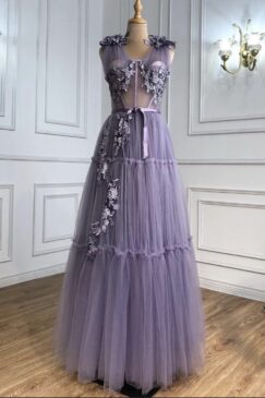 Lilac Floral Lace Evening Gown Dress