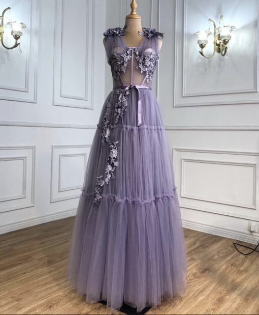 Lilac Floral Lace Evening Gown Dress