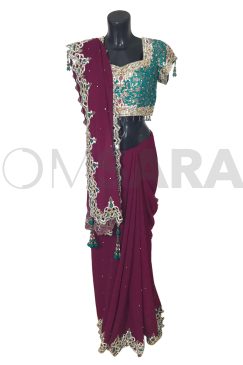 Plum Georgette Saree With Readymade Contrast Blouse