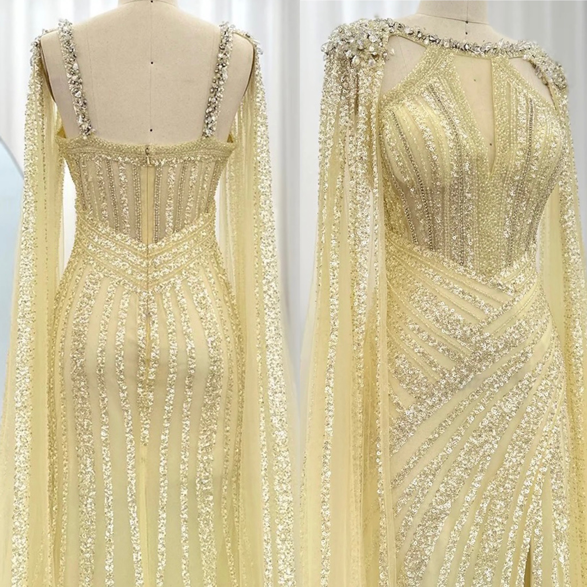 Silver Cape Sleeves Evening Dresses Gowns 2025 Beaded Feather A-Line Luxury For Women Party LA71546