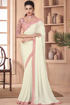 White Embroidered Border Party Wear Saree