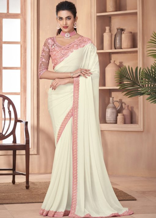 White Embroidered Border Party Wear Saree