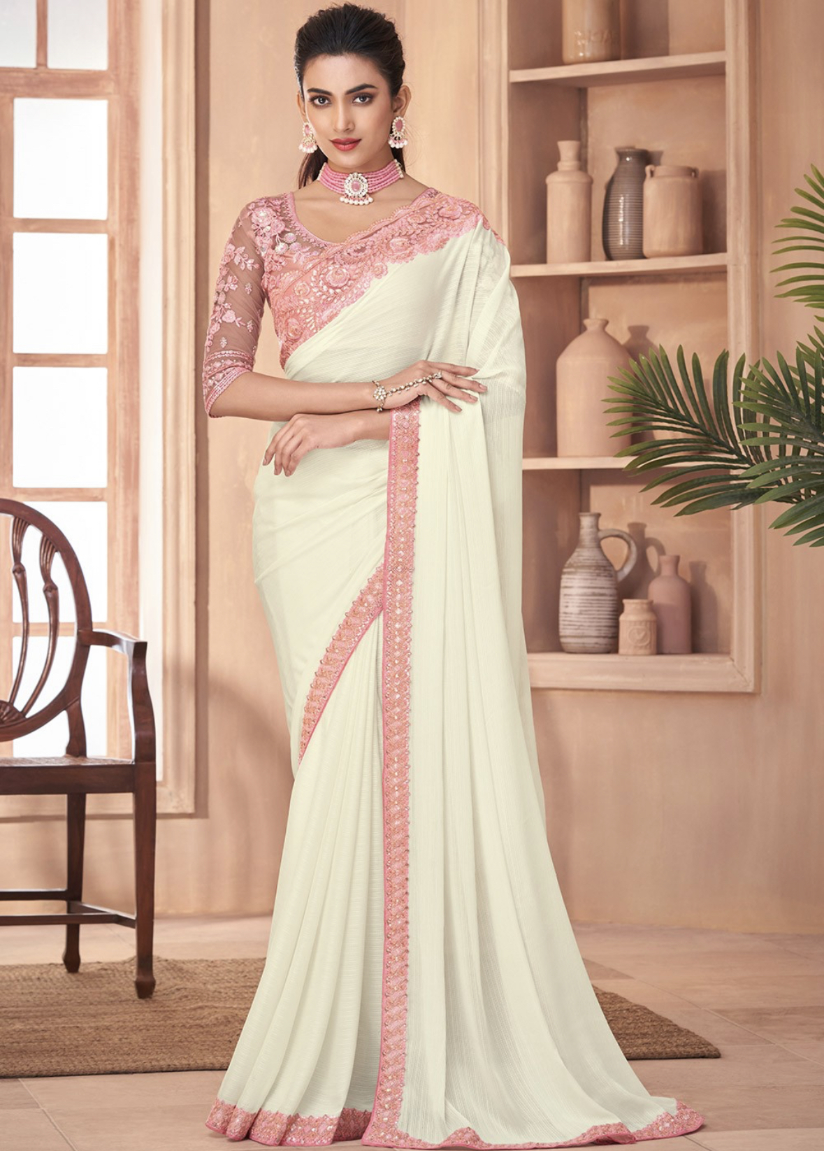 White Embroidered Border Party Wear Saree