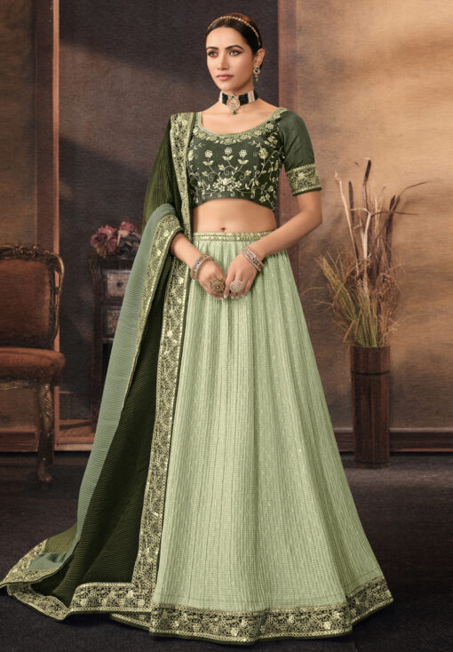 Green And Gold Stylish Embroidered Lehenga Choli