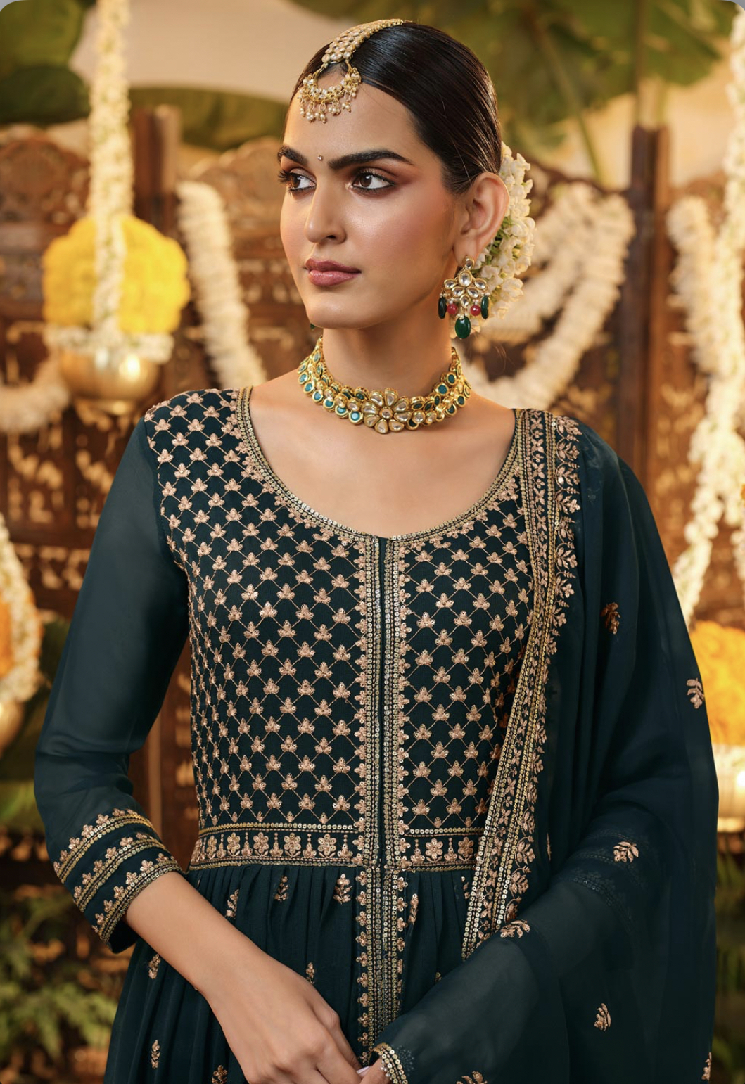 Dark Green Front Slit Embroidered Anarkali Palazzo Pant Suit Salwar