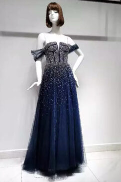 Blue Off The Shoulder Bead Embellished Evening Gown