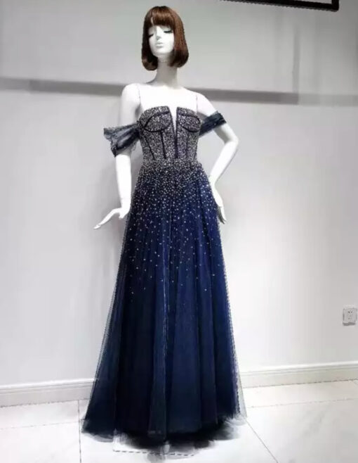 Blue Off The Shoulder Bead Embellished Evening Gown