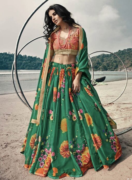Rama Green Organza Floral Print Lehenga Choli