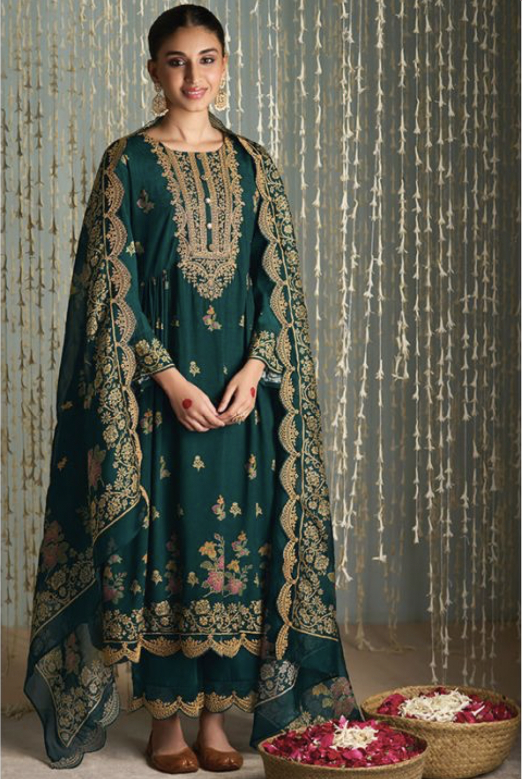 Dark Green Silk Embroidered Trouser Suit Salwar Kameez Designer