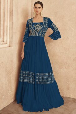 Blue Embroidered Jacket Style Anarkali Gown