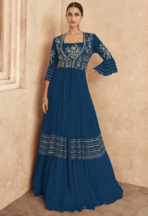 Blue Embroidered Jacket Style Anarkali Gown