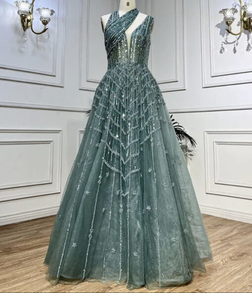Cross Halter Neck Heavily Embellished Evening Gown