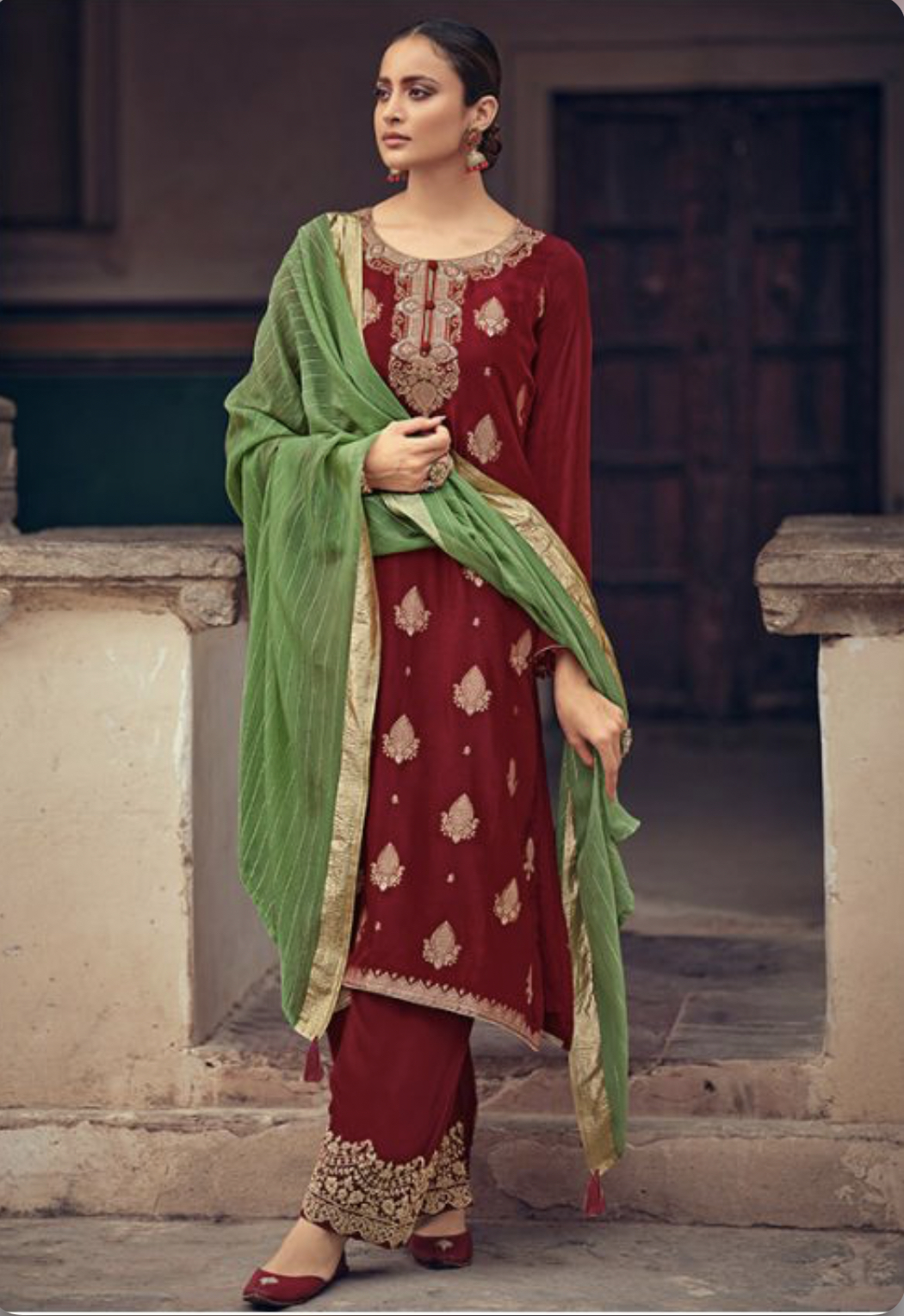 Maroon Jacquard Silk Embroidered Pant Suit Salwar Kameez Designer