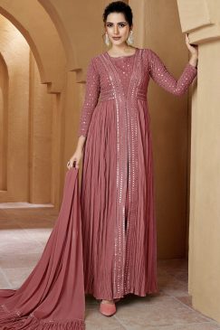 Rose Pink Front Slit Georgette Pant Suit