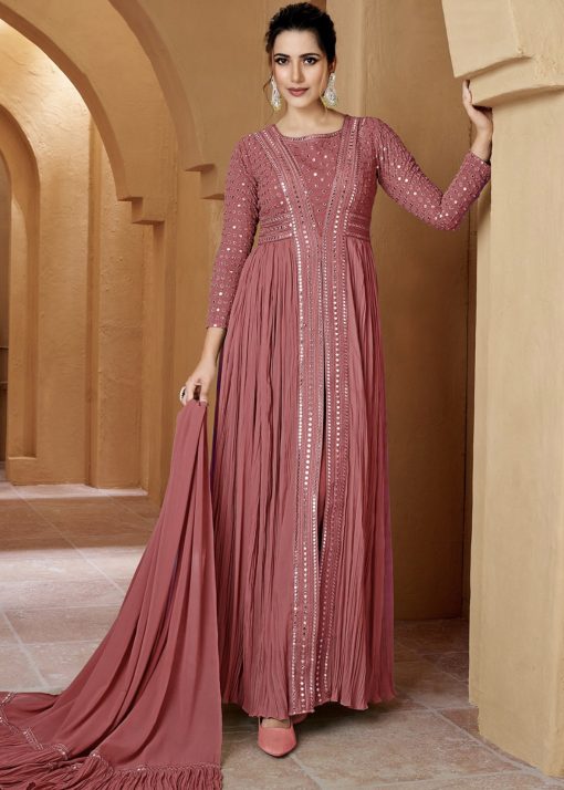 Rose Pink Front Slit Georgette Pant Suit