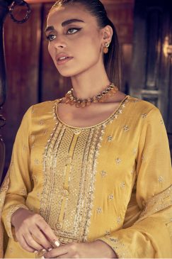 Alternative view of Yellow Embroidered Textured Silk Palazzo Suit