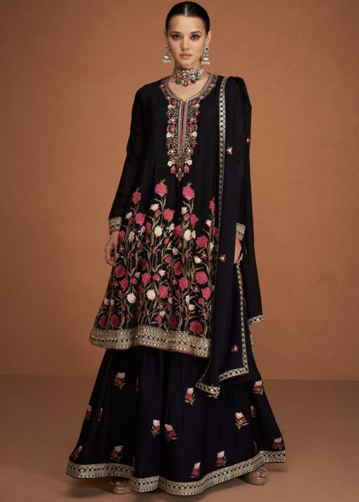 Black Embroidered Gharara Style Suit