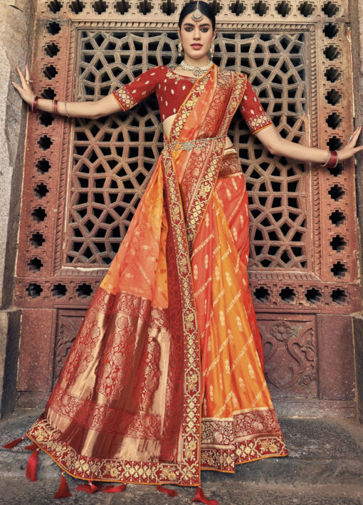 Orange Woven Silk Embroidered Wedding Saree