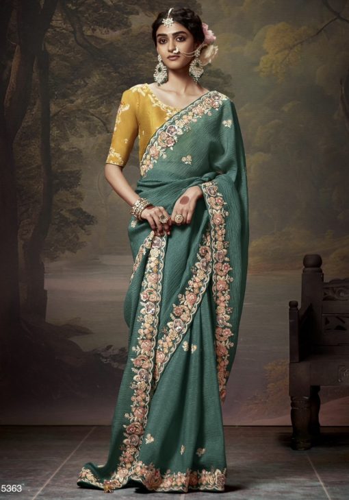 Turquoise Embroidered Wedding Saree