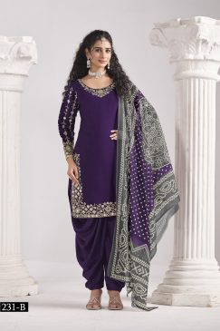 Purple Color Patiala Dress in Roman Silk Fabric