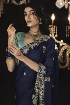 Alternative view of Navy Blue Fancy Embroidered Wedding Saree
