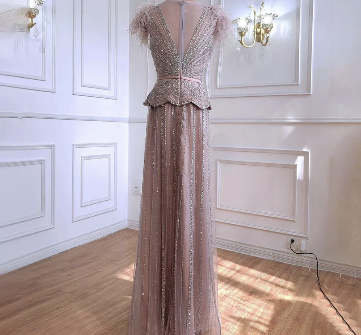 Pink Beaded Feather Sleeve Evening Gown - Evening Dresses, Made To ...