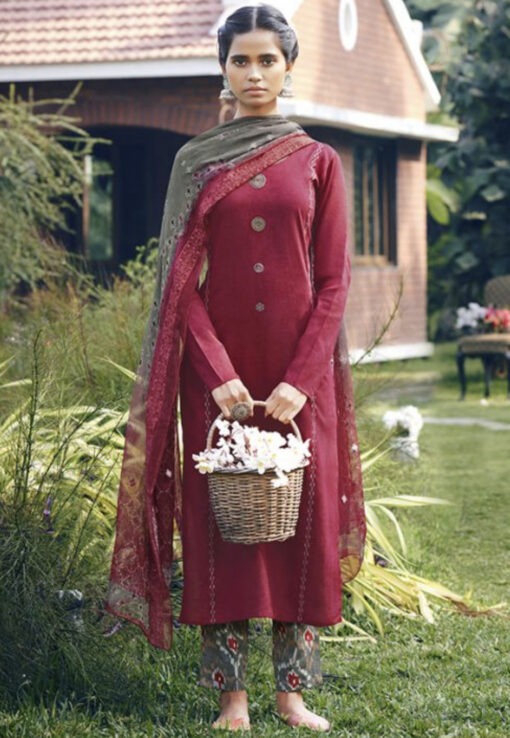 Maroon Satin Cotton Pant Suit - Salwar Kameez Designer Collection