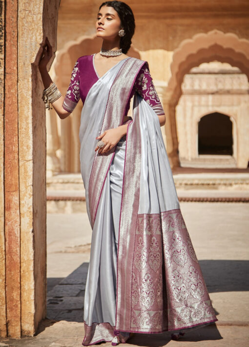 Pale Grey Woven Silk Embroidered Saree