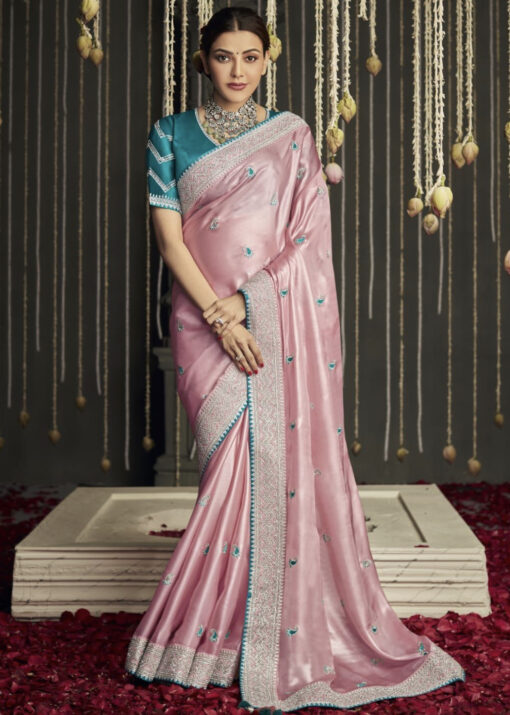 Pink Silk Embroidered Sangeet Saree
