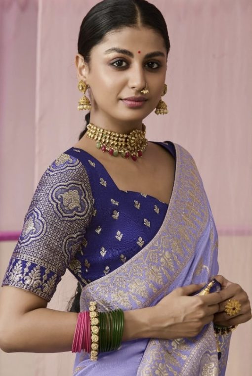 Lilac Sequin Embroidered Saree for Women – Fancy Designer Fabric with Floral Lace Border