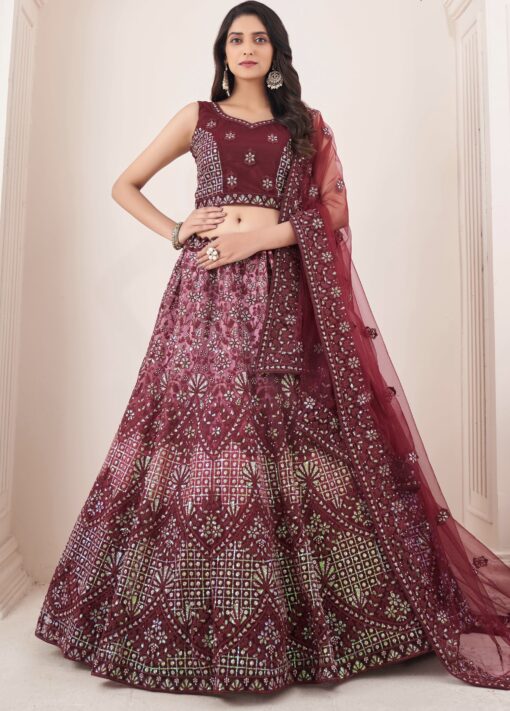 Burgundy Net Embroidered Lehenga Choli