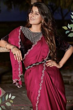 Alternative view of Pink Satin Silk Chiffon Party Wear Saree