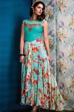 Sea Green Floral Print Frock Style Designer Gown