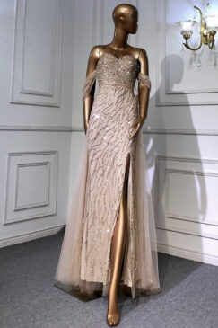 Off Shoulder Split Beaded Evening Dress