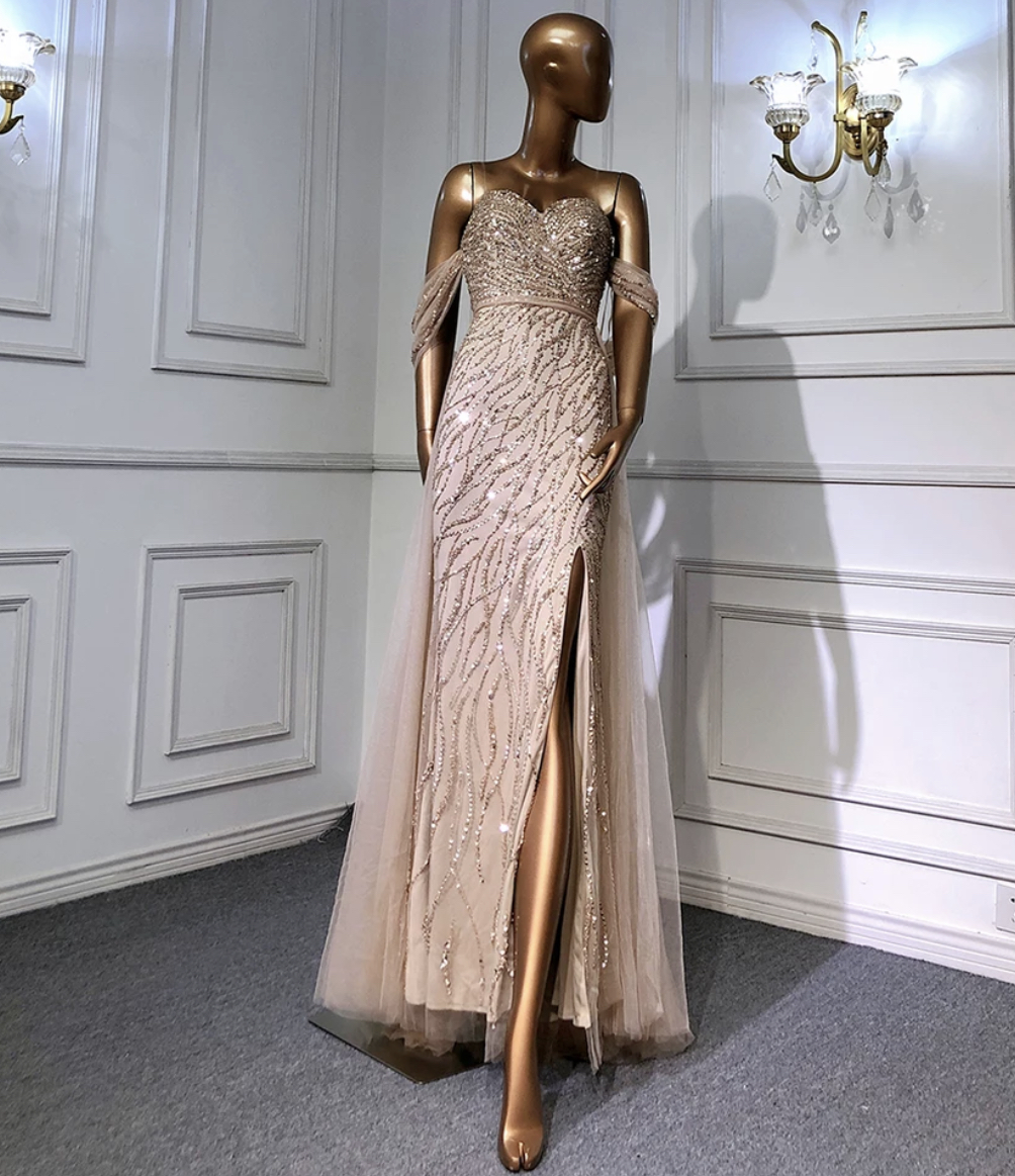 Floor Length Off Shoulder A-Line Beaded Formal Dress Evening Gown -  TheCelebrityDresses