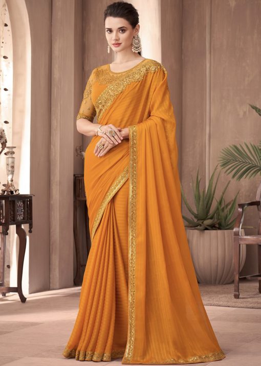 Mustard Embroidered Border Party Wear Saree