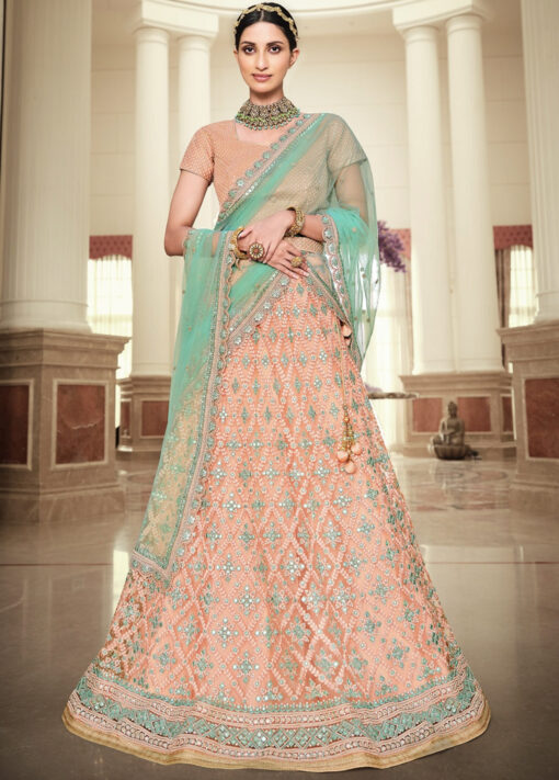Peach Net Sangeet Lehenga Choli