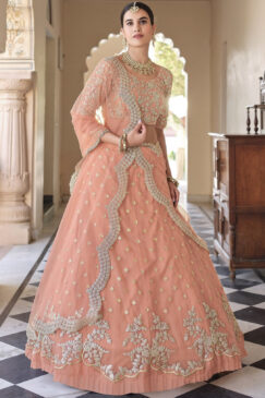 Peach Net Sangeet Lehenga Choli