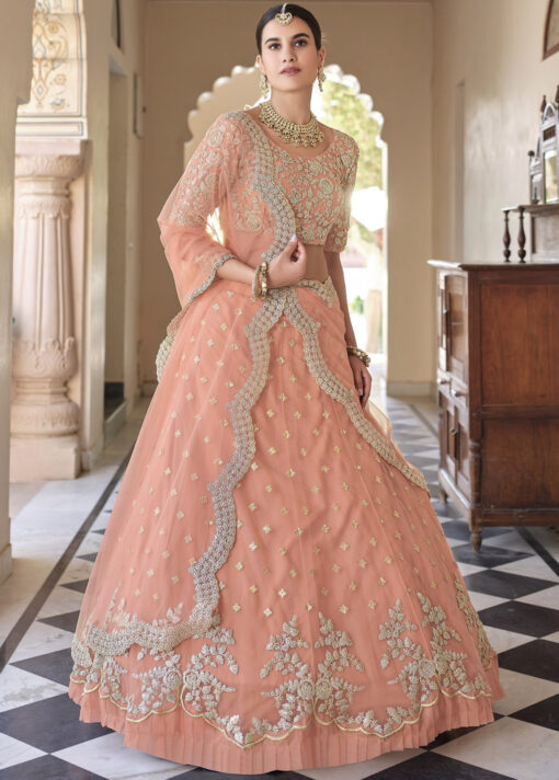 Peach Net Sangeet Lehenga Choli