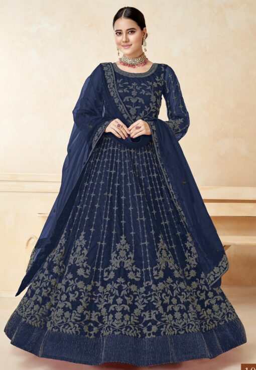 Navy Blue Net Embroidered Anarkali Suit