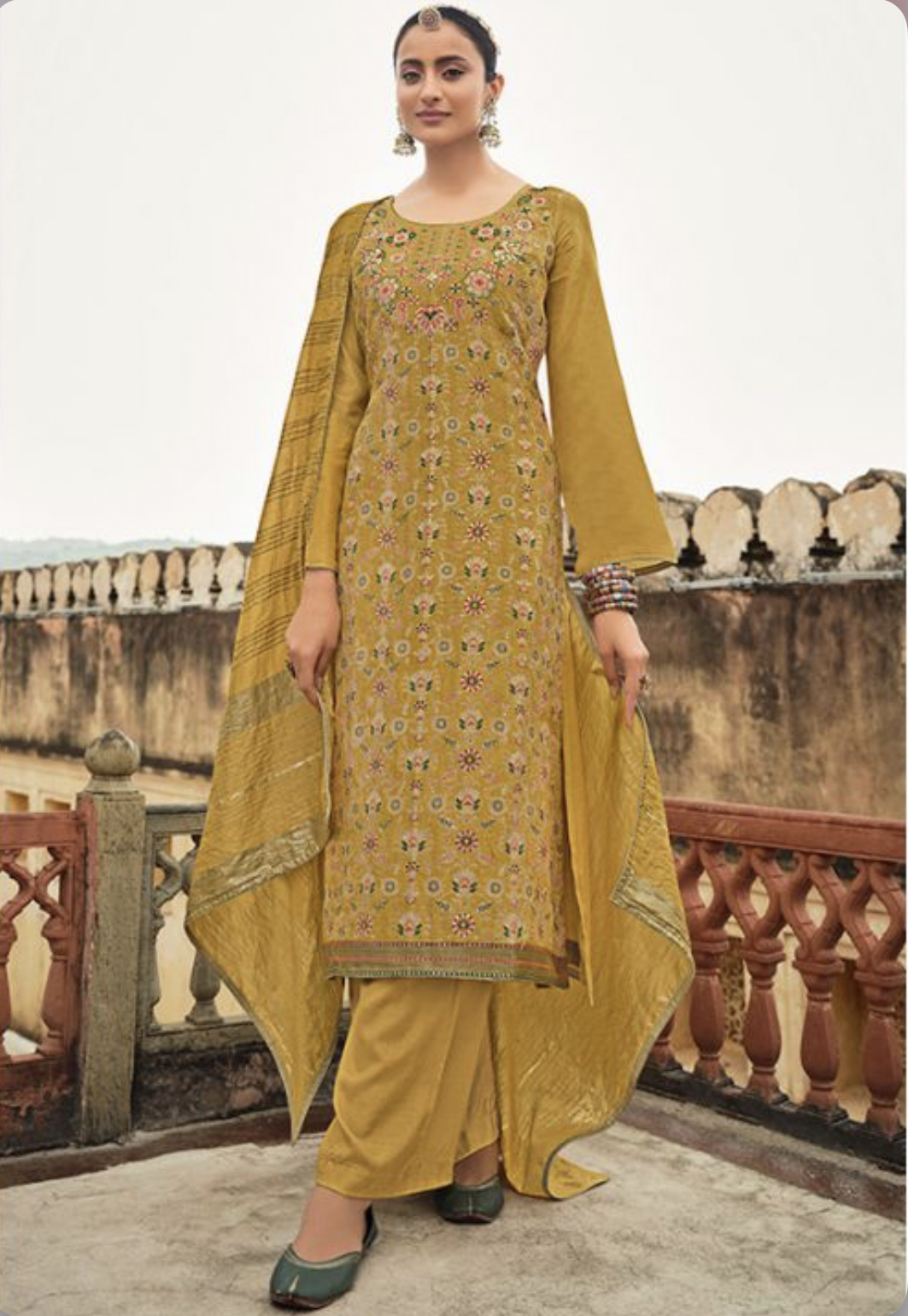 Mustard Jacquard Silk Embroidered Pant Suit Salwar Kameez Designer