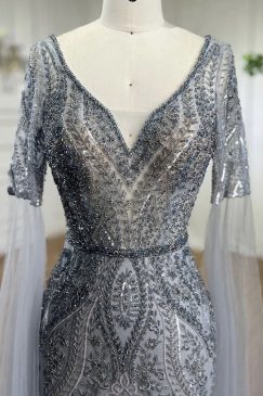 Alternative view of Cape Sleeve Beaded Mermaid Evening Dress