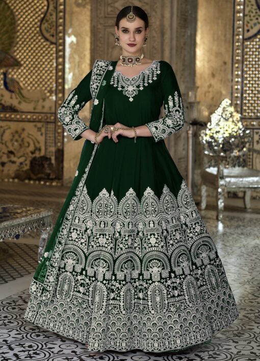 Green Velvet Embroidered Bridal Anarkali Suit