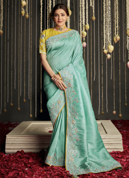 Blue Silk Embroidered Sangeet Saree