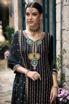 Alternative view of Navy Chinon Embroidered Palazzo Suit