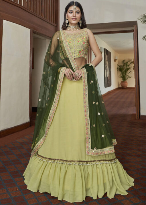 Green Party Wear Silk Frill Lehenga Choli