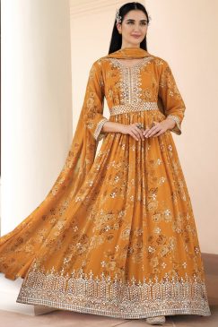 Yellow Abaya Style Floral Printed Anarkali Suit