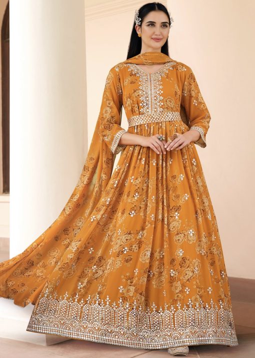 Yellow Abaya Style Floral Printed Anarkali Suit